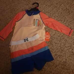 Wonder Nation Kids Surf Rash Guard Set - Coral, Cream, Blue